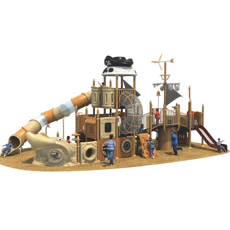 The outdoor recreational equipment in the community is a pirate ship slide