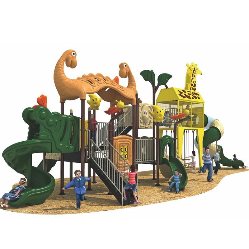 A large outdoor combination slide with an animal world theme